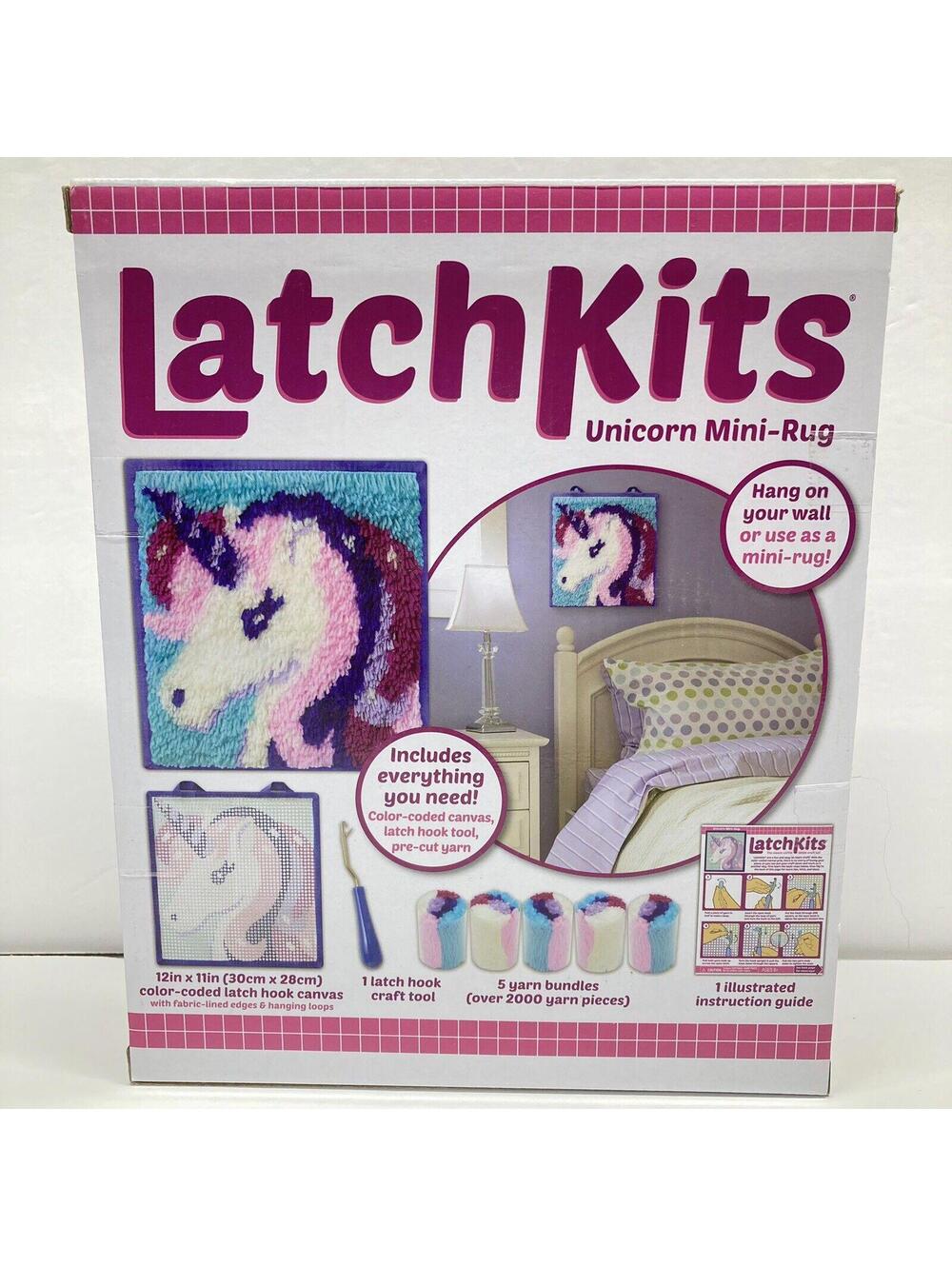 LatchKits Unicorn Mini-Rug Latch Hook Craft Kit 12x11 Color-Coded Canvas